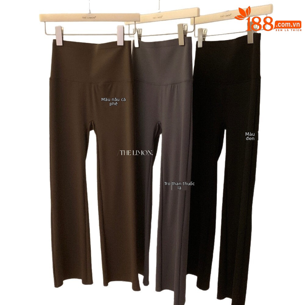 Quần legging yoga nữ cạp cao ống loe nhẹ dài 7 phân co giãn — màu đen, Màu cà phê, Xám khói