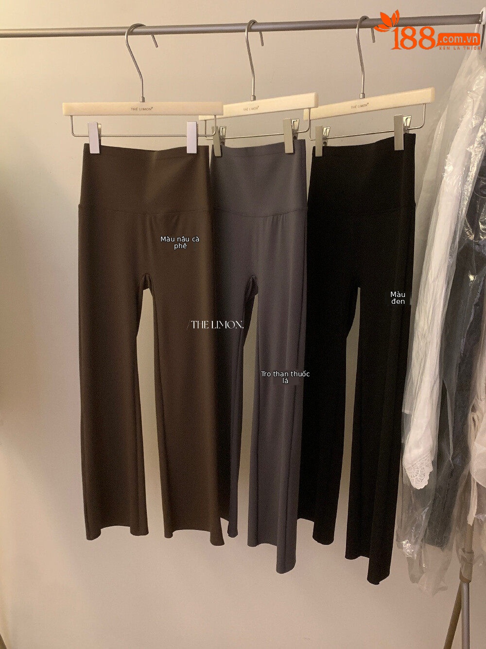 Quần legging yoga nữ cạp cao ống loe nhẹ dài 7 phân co giãn — màu đen, Màu cà phê, Xám khói chi tiết 31
