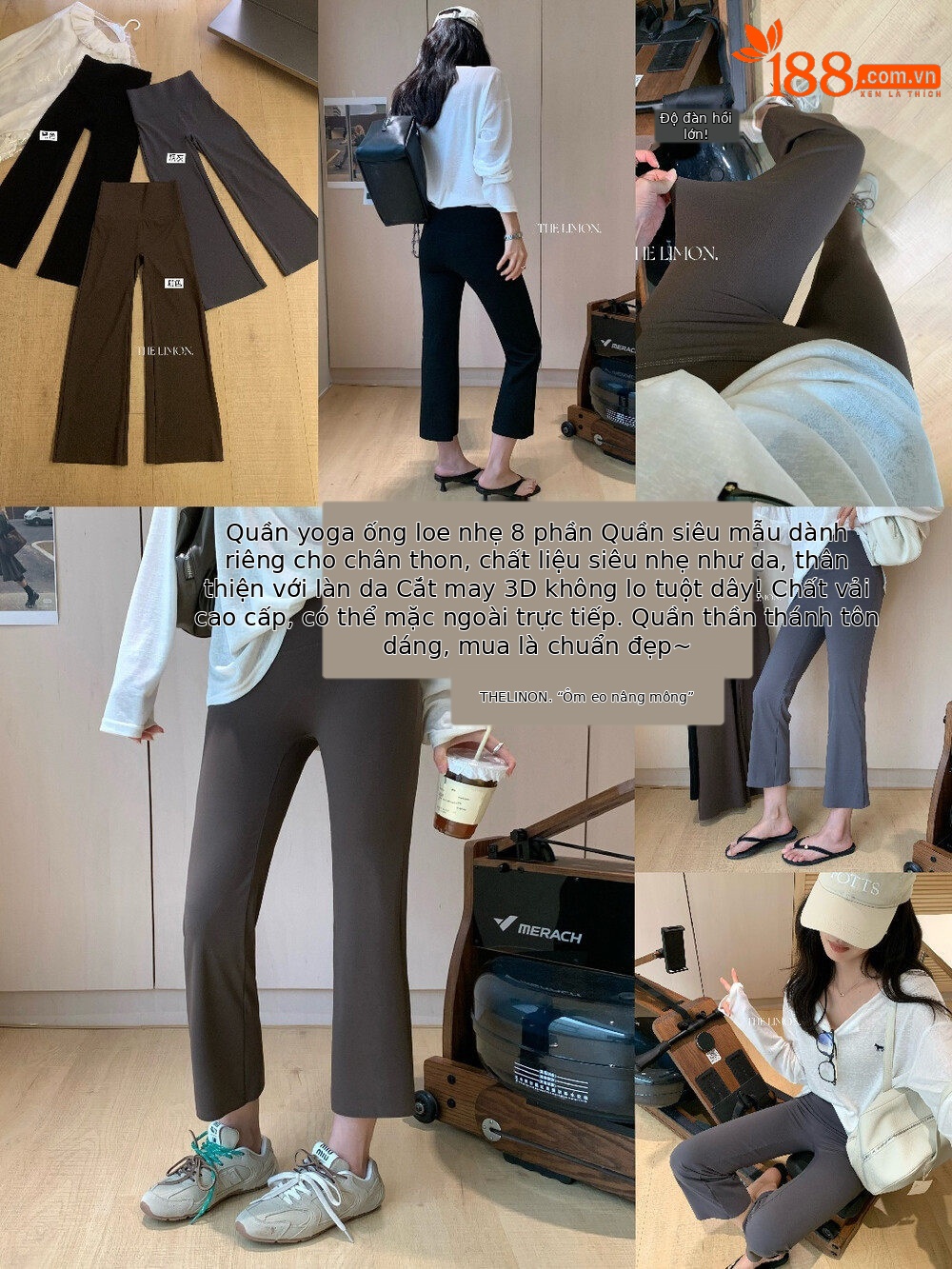 Quần legging yoga nữ cạp cao ống loe nhẹ dài 7 phân co giãn — màu đen, Màu cà phê, Xám khói chi tiết 20