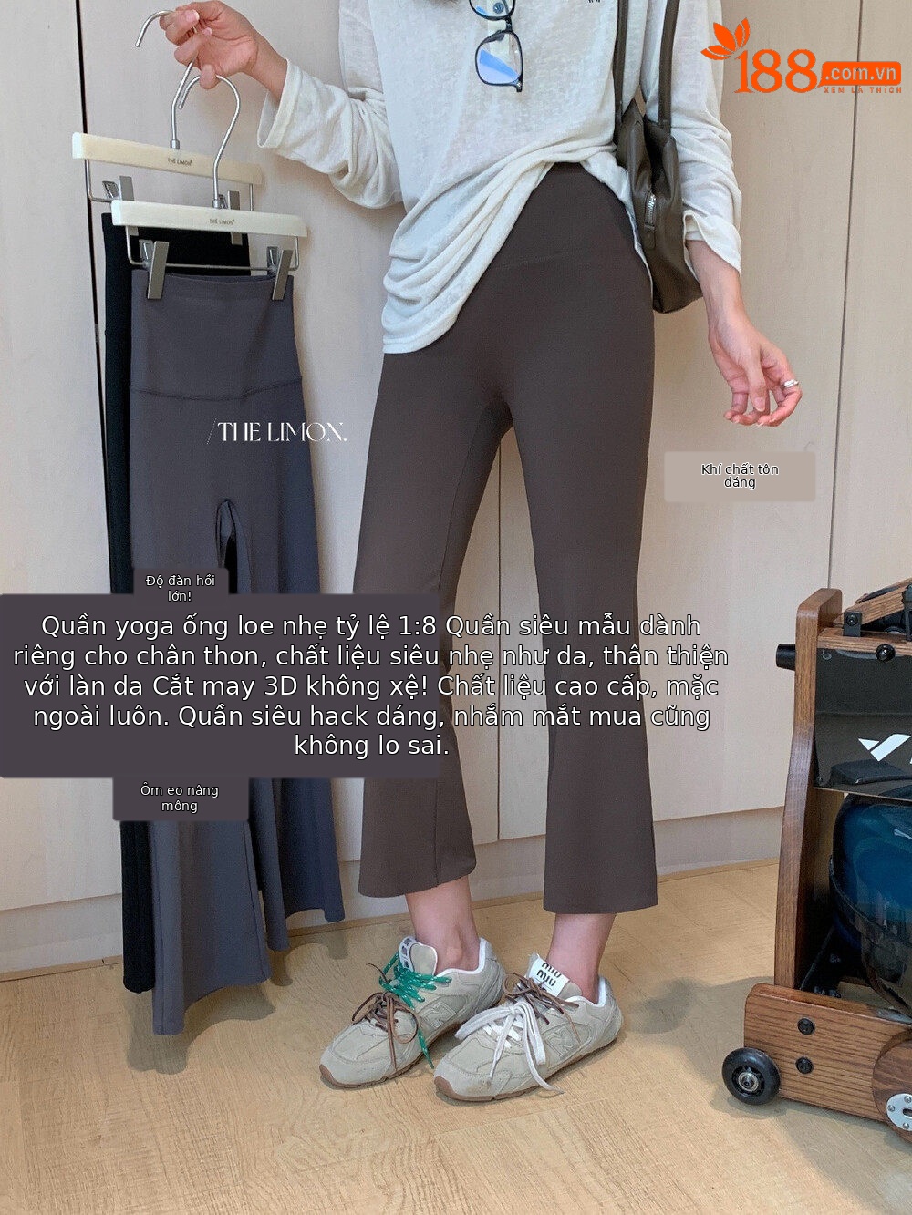 Quần legging yoga nữ cạp cao ống loe nhẹ dài 7 phân co giãn — màu đen, Màu cà phê, Xám khói chi tiết 25