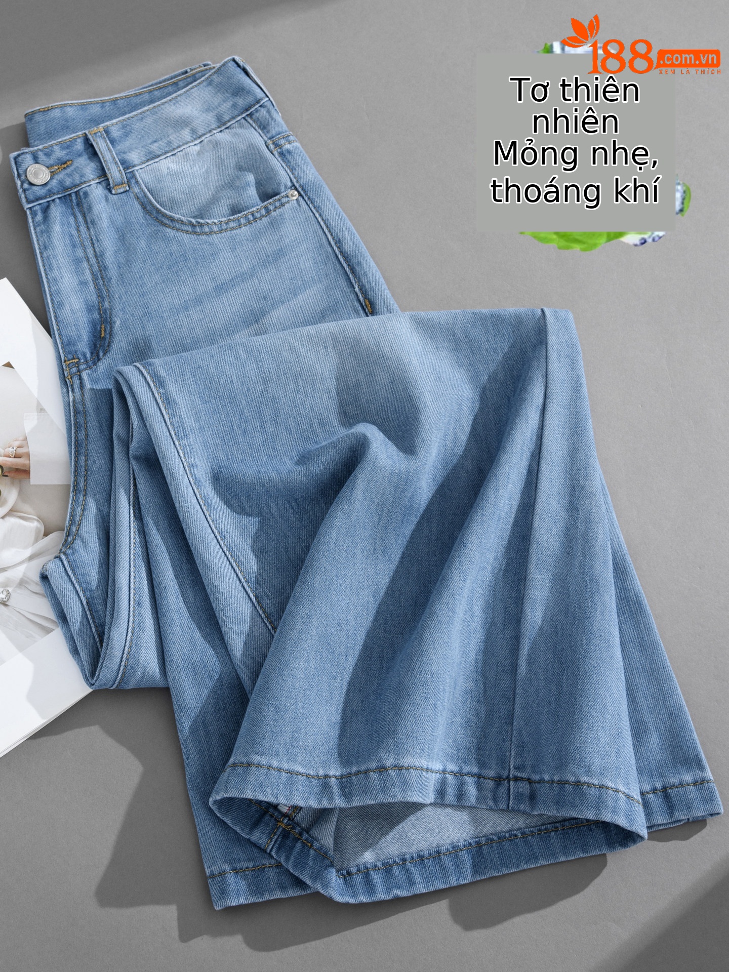 Quần jean ống rộng nữ cạp cao vải lụa mỏng mùa hè — Vintage màu xanh mở rộng