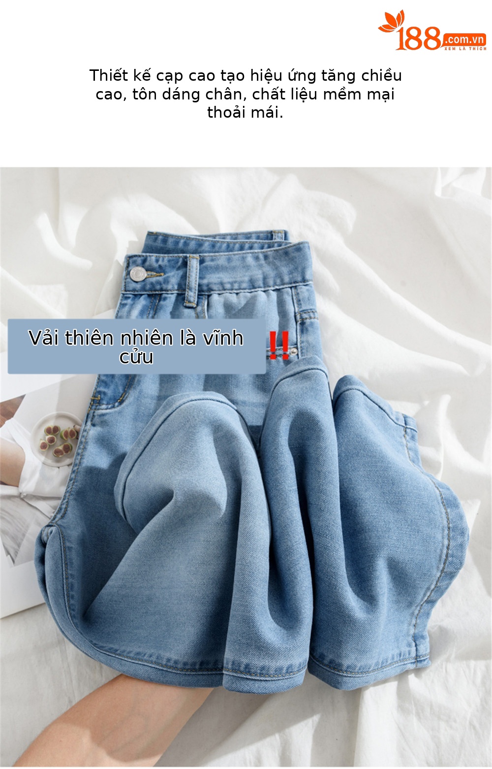 Quần jean ống rộng nữ cạp cao vải lụa mỏng mùa hè — Vintage màu xanh mở rộng chi tiết 4