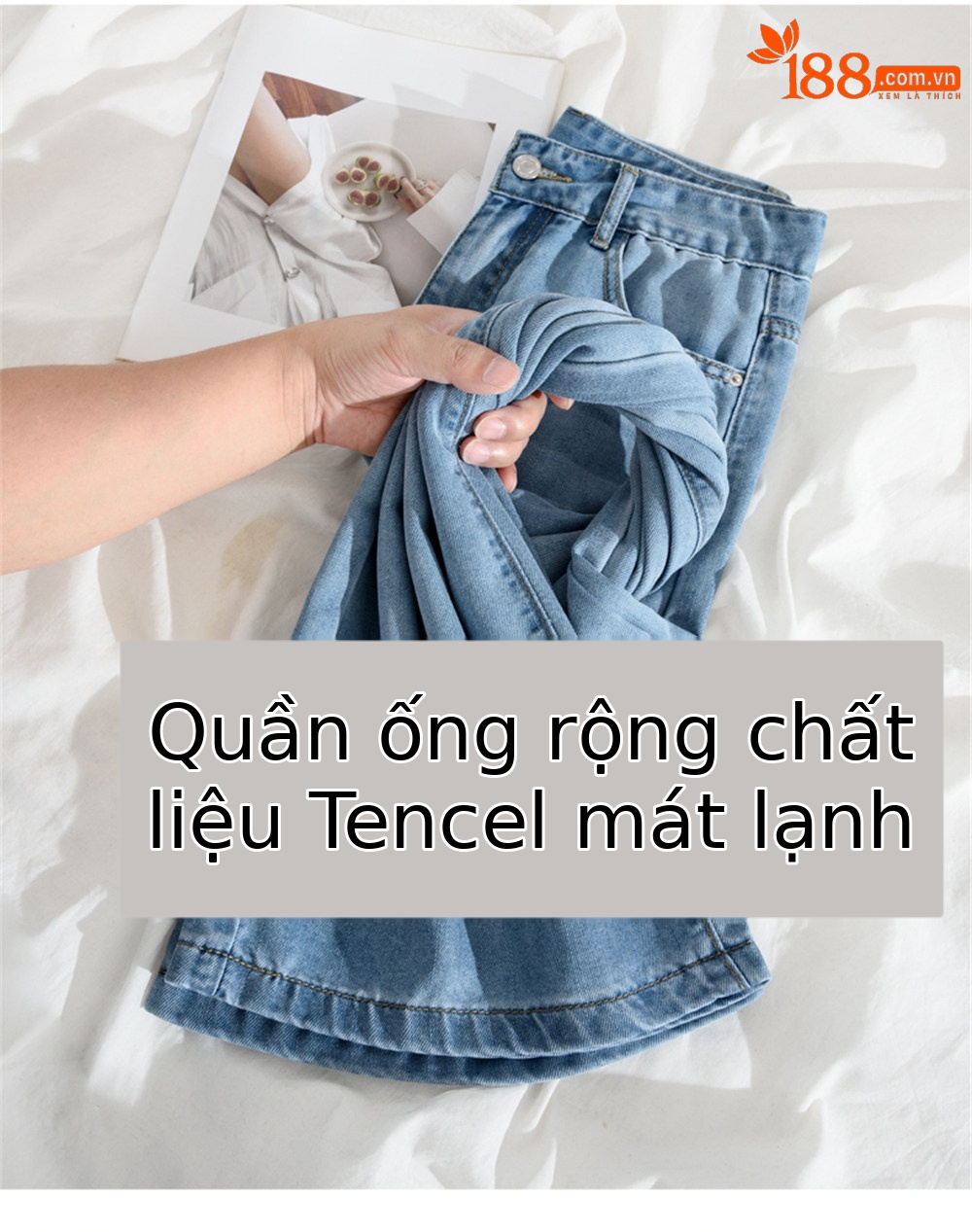 Quần jean ống rộng nữ cạp cao vải lụa mỏng mùa hè — Vintage màu xanh mở rộng chi tiết 8