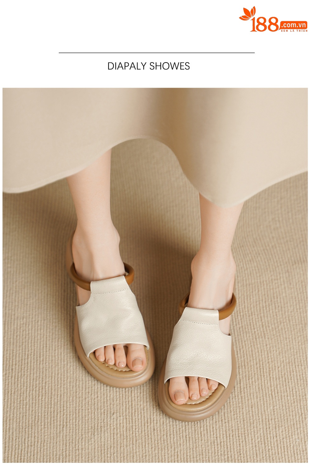 Sandal nữ hở mũi gót vuông đế dày da dê cao cấp — màu trắng ngà chi tiết 5
