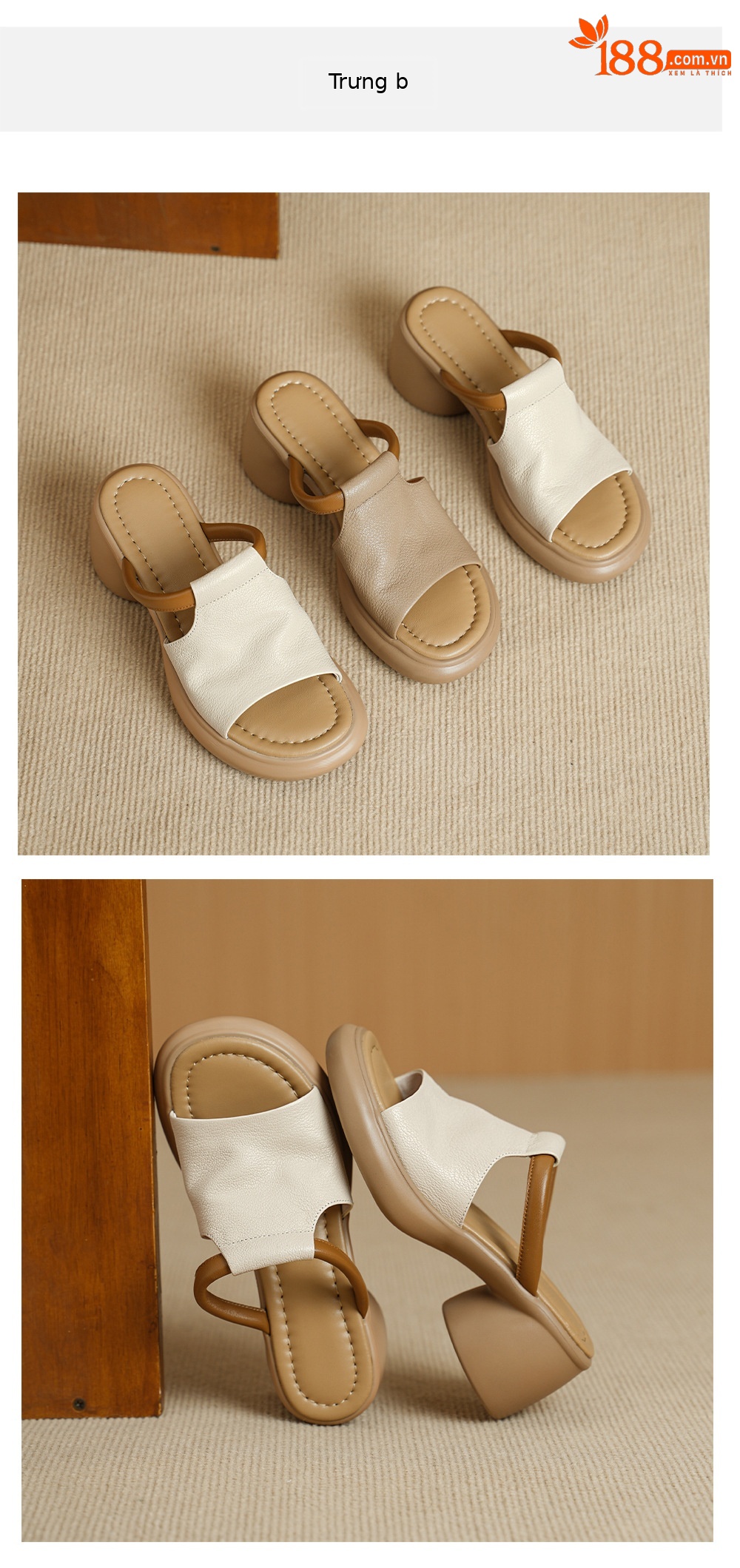 Sandal nữ hở mũi gót vuông đế dày da dê cao cấp — màu trắng ngà chi tiết 12