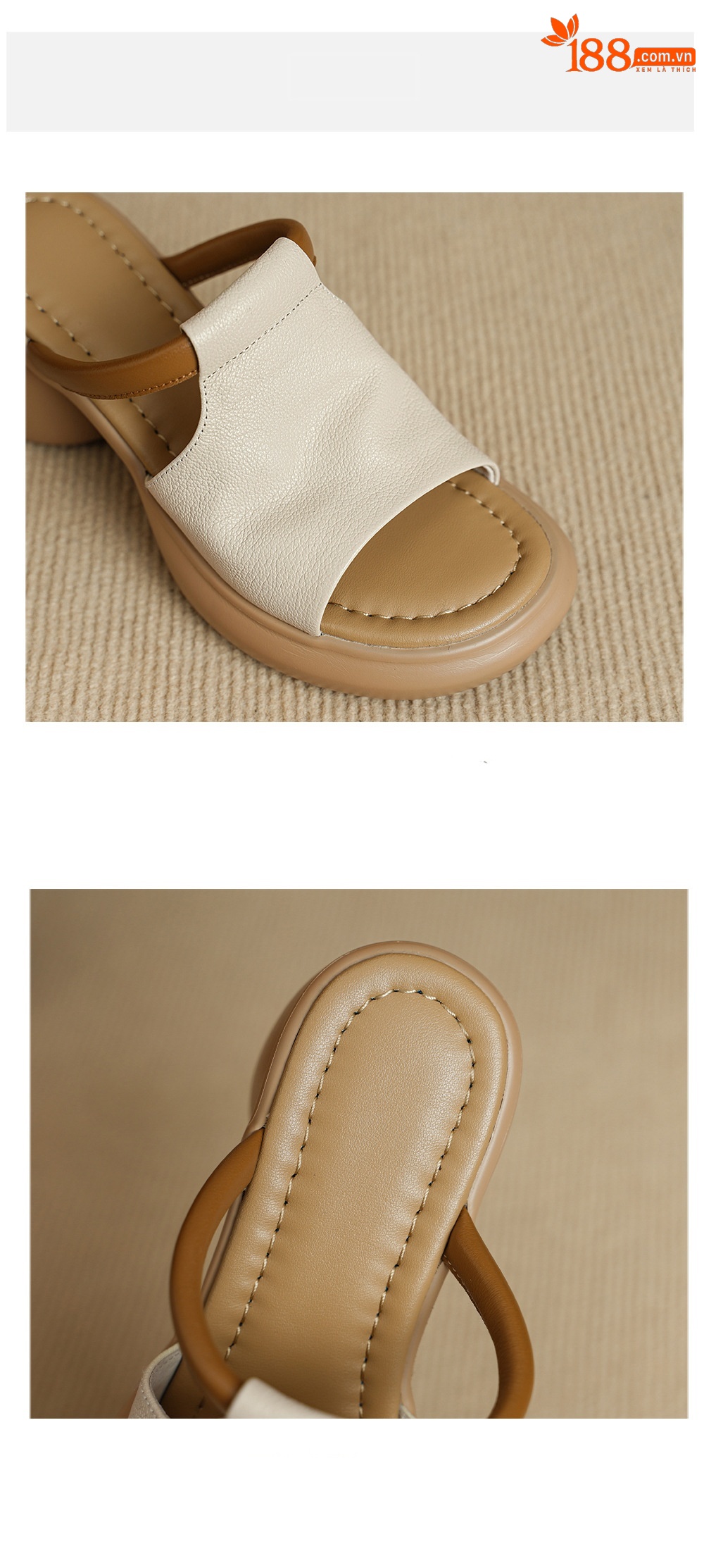 Sandal nữ hở mũi gót vuông đế dày da dê cao cấp — màu trắng ngà chi tiết 15