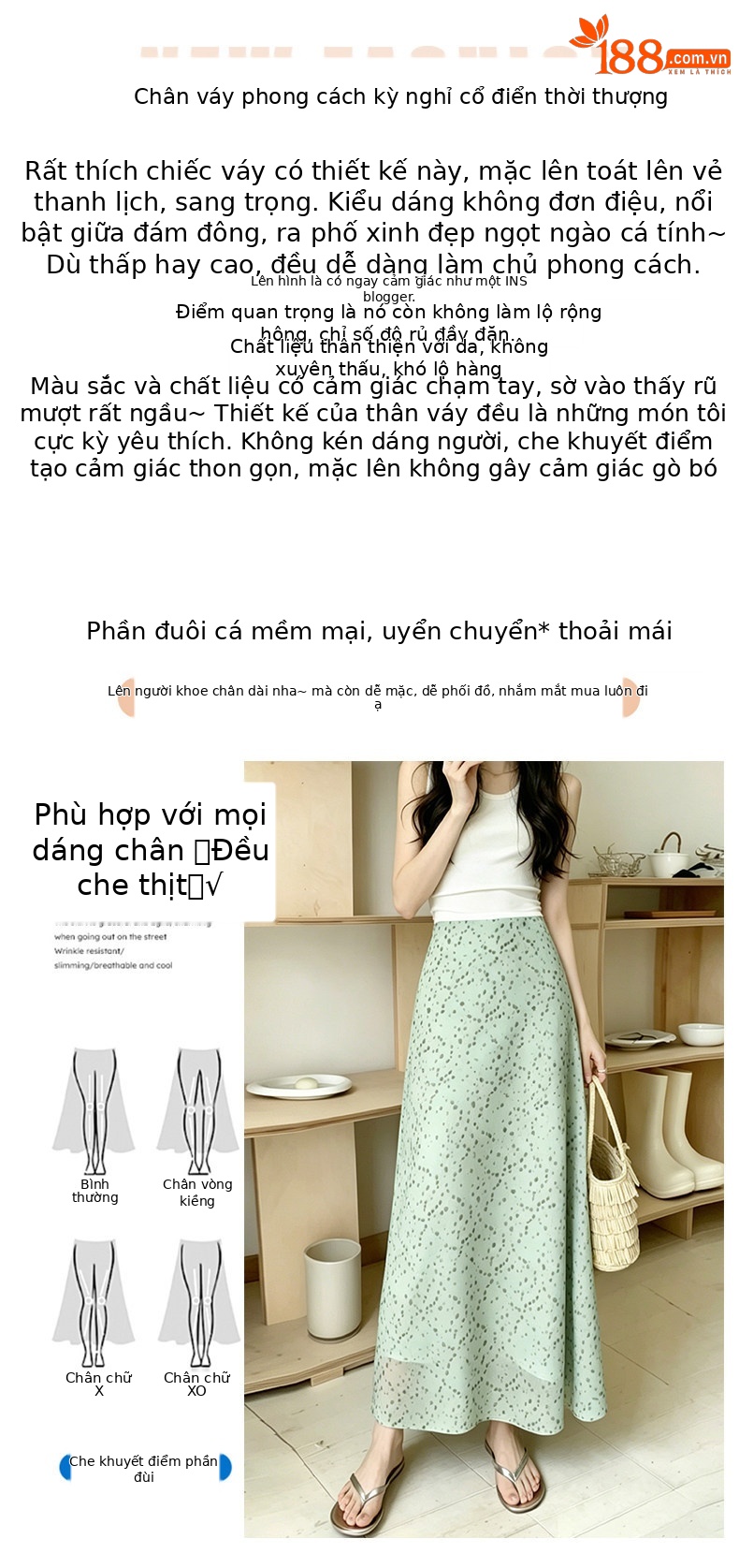 Chân váy hoa nữ dáng chữ A cạp cao kiểu Pháp suông dài — Màu xanh lá cây Halo nhuộm chi tiết 1