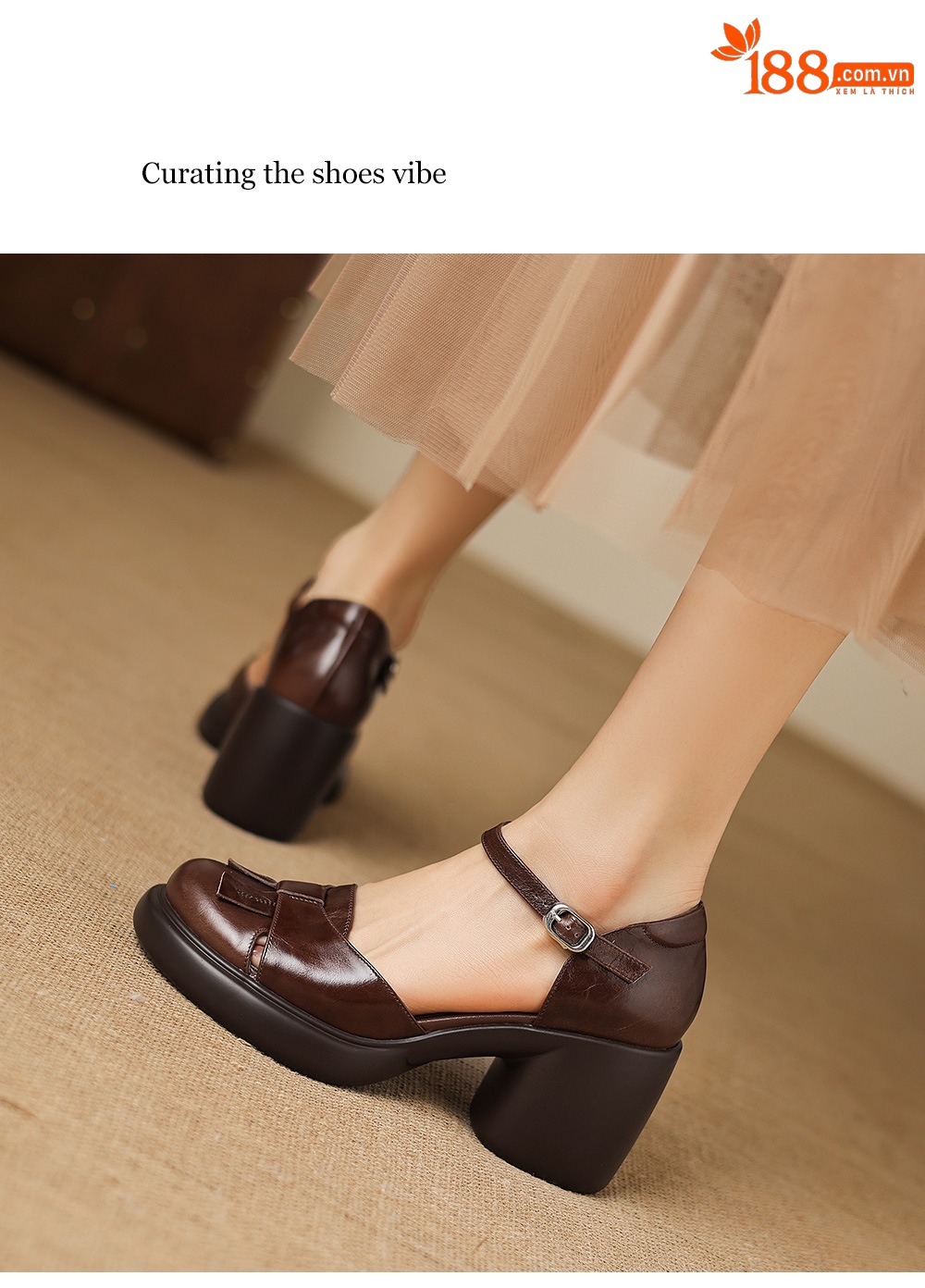 Sandal cao gót nữ mũi hở quai ngang gót vuông 7 cm — màu nâu chi tiết 10