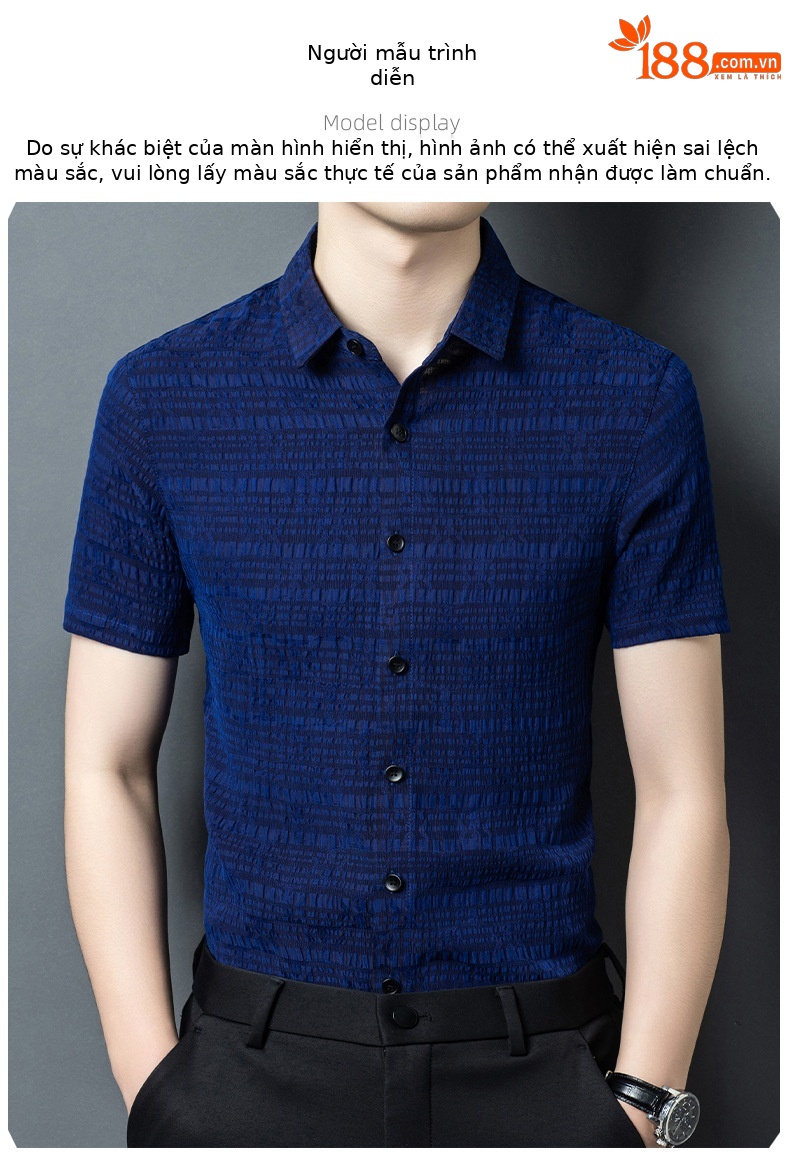 Áo sơ mi ngắn tay nam lụa tơ tằm 100% Mulberry Silk họa tiết jacquard Corinthian — Xanh da trời2635 chi tiết 7