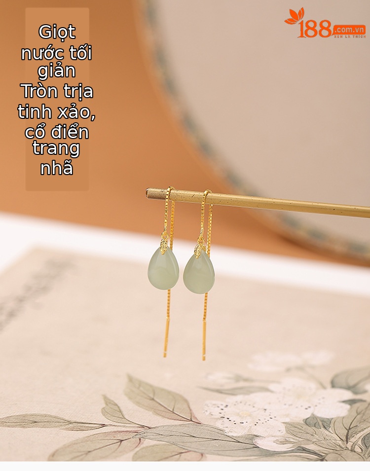 Khuyên tai dài hình giọt nước bạc S925 mạ vàng đính ngọc bích Hòa Điền phong cách Tân Trung Hoa — Bạc chi tiết 1