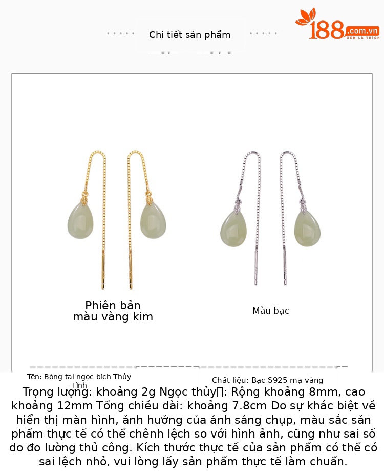 Khuyên tai dài hình giọt nước bạc S925 mạ vàng đính ngọc bích Hòa Điền phong cách Tân Trung Hoa — Bạc chi tiết 2