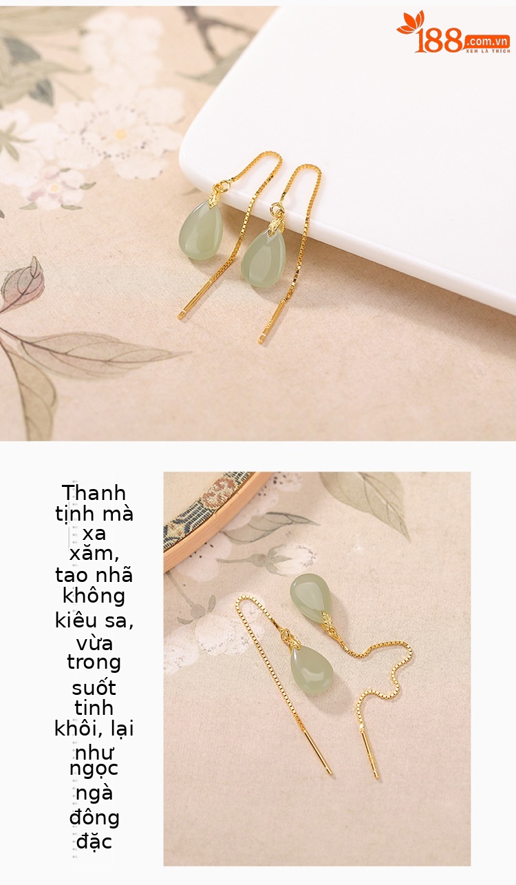 Khuyên tai dài hình giọt nước bạc S925 mạ vàng đính ngọc bích Hòa Điền phong cách Tân Trung Hoa — Bạc chi tiết 3