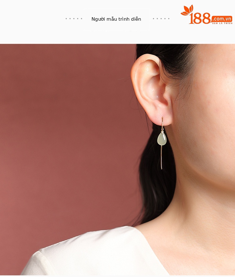 Khuyên tai dài hình giọt nước bạc S925 mạ vàng đính ngọc bích Hòa Điền phong cách Tân Trung Hoa — Bạc chi tiết 6