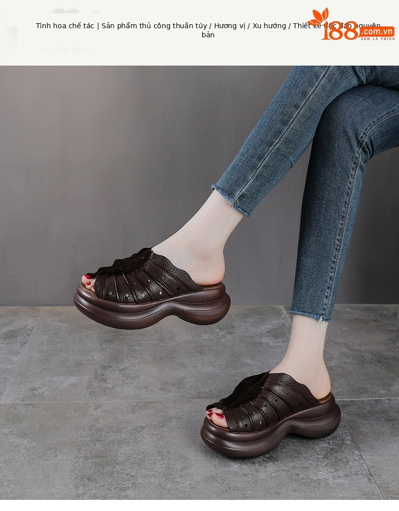 Sandal cao gót nữ quai ngang đế xuồng da thật phong cách cổ điển — màu be chi tiết 1