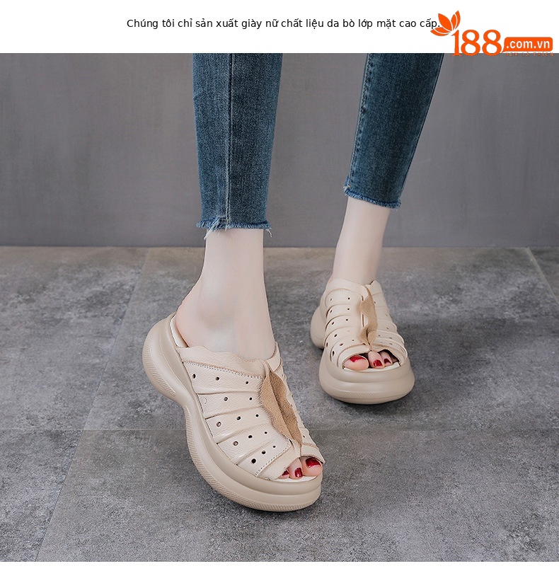 Sandal cao gót nữ quai ngang đế xuồng da thật phong cách cổ điển — màu be chi tiết 2