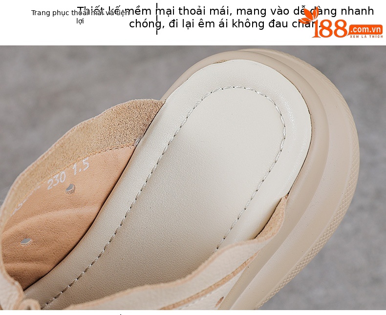Sandal cao gót nữ quai ngang đế xuồng da thật phong cách cổ điển — màu be chi tiết 6