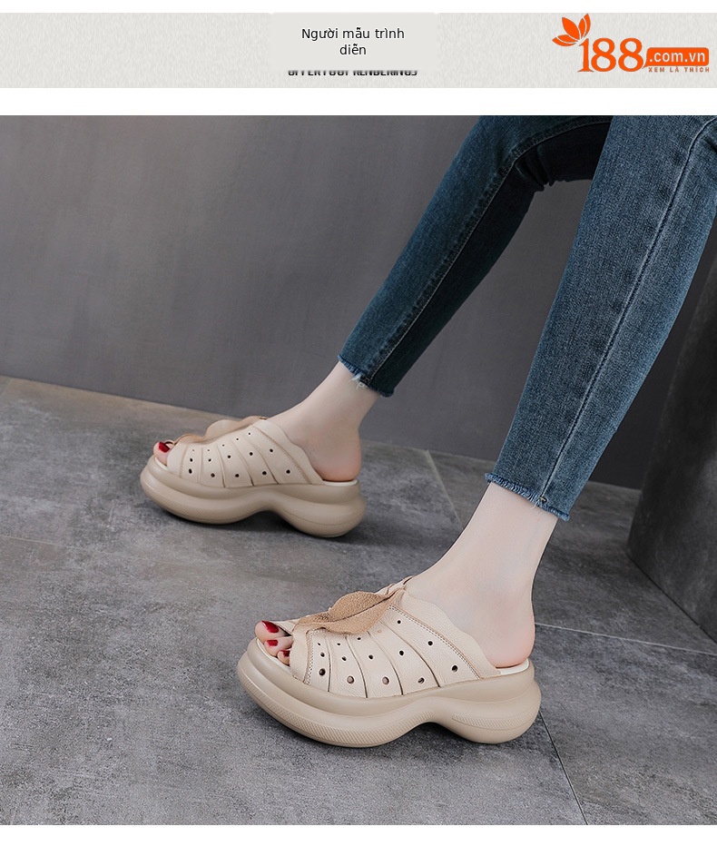 Sandal cao gót nữ quai ngang đế xuồng da thật phong cách cổ điển — màu be chi tiết 9