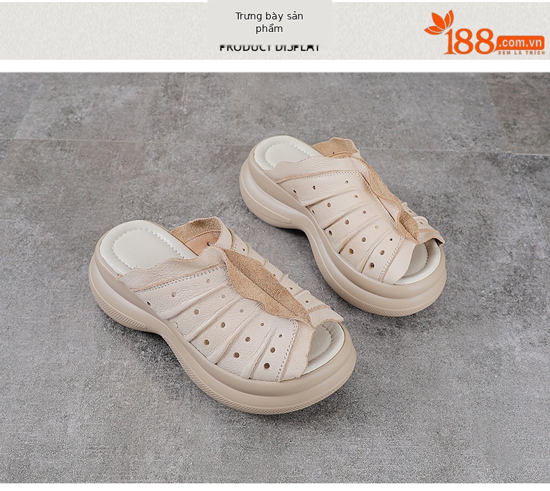 Sandal cao gót nữ quai ngang đế xuồng da thật phong cách cổ điển — màu be chi tiết 10