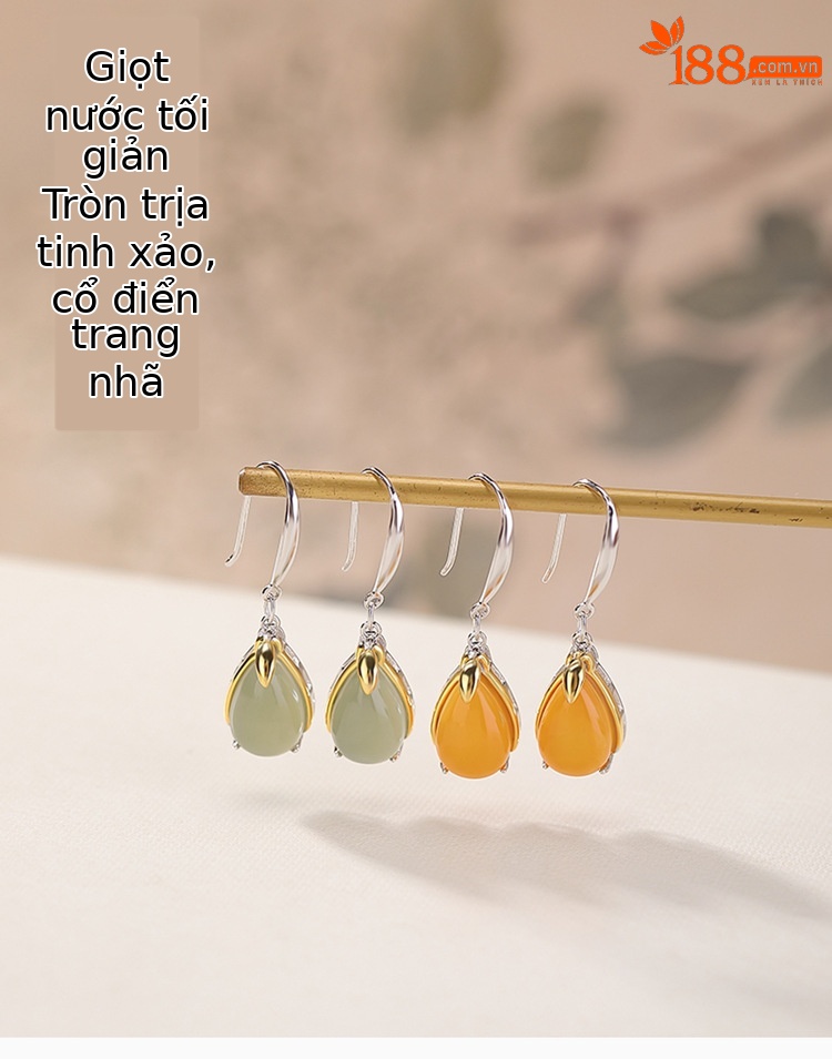 Bông tai dáng giọt nước bạc S925 mạ vàng đính đá hổ phách phong cách Tân Trung Hoa — Màu hổ phách chi tiết 1