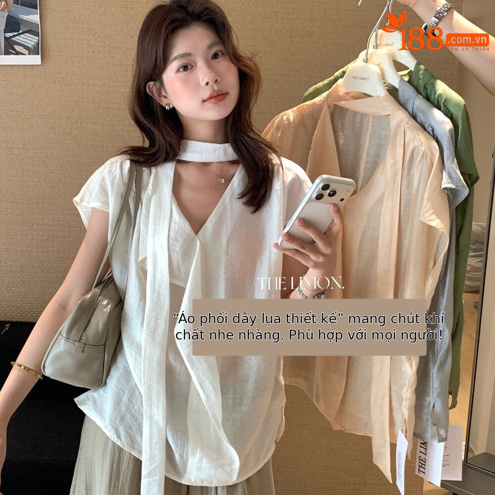 Áo sơ mi nữ linen cổ V tay dài phối dây rua, thiết kế thanh lịch mùa hè 2026 — Bột cam, xanh lá cây, màu xám, màu mơ
