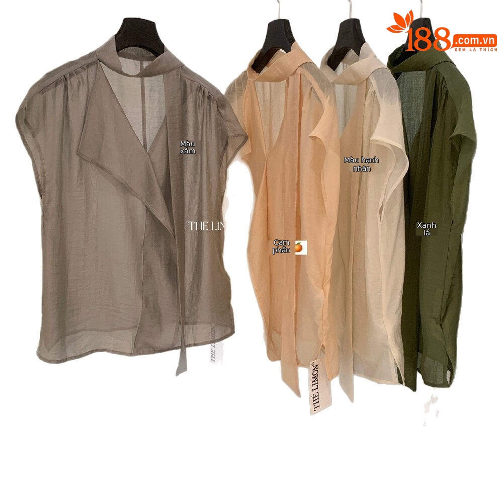 Áo sơ mi nữ linen cổ V tay dài phối dây rua, thiết kế thanh lịch mùa hè 2026 — Bột cam, xanh lá cây, màu xám, màu mơ