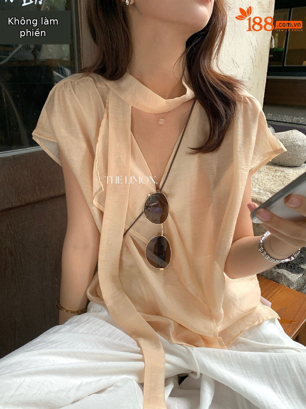 Áo sơ mi nữ linen cổ V tay dài phối dây rua, thiết kế thanh lịch mùa hè 2026 — Bột cam, xanh lá cây, màu xám, màu mơ chi tiết 13