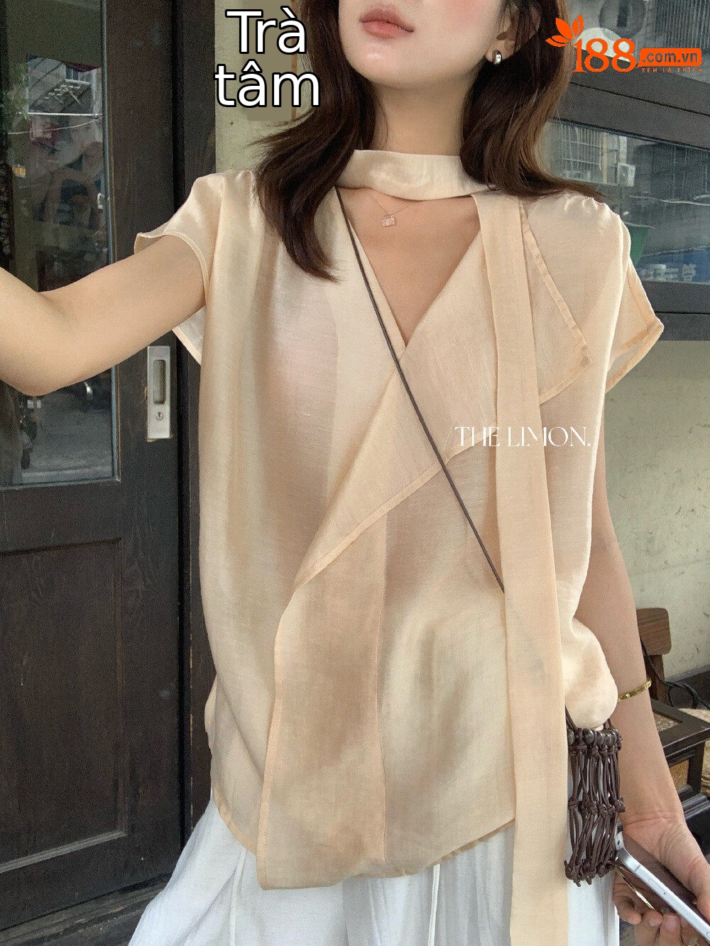 Áo sơ mi nữ linen cổ V tay dài phối dây rua, thiết kế thanh lịch mùa hè 2026 — Bột cam, xanh lá cây, màu xám, màu mơ chi tiết 27