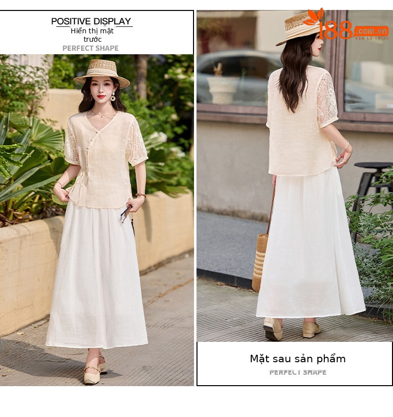 Bộ đầm tân cổ điển nữ hai mảnh áo phối chân váy midi thắt eo — Màu hồng, màu trắng ngà chi tiết 3