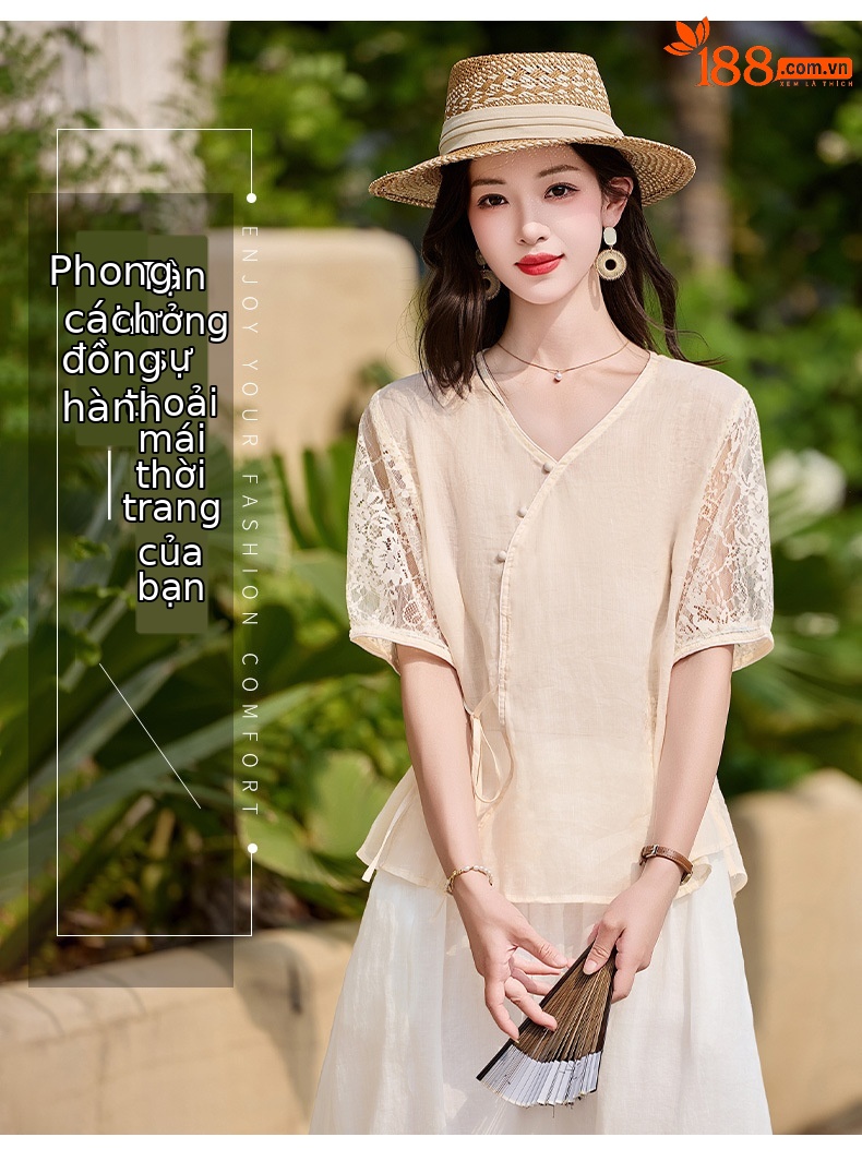 Bộ đầm tân cổ điển nữ hai mảnh áo phối chân váy midi thắt eo — Màu hồng, màu trắng ngà chi tiết 4