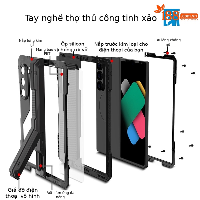 Ốp lưng Samsung Z Fold6/Fold7 kim loại chống sốc, chống nước, có chân đế, bảo vệ toàn diện — Đen, Đỏ rượu