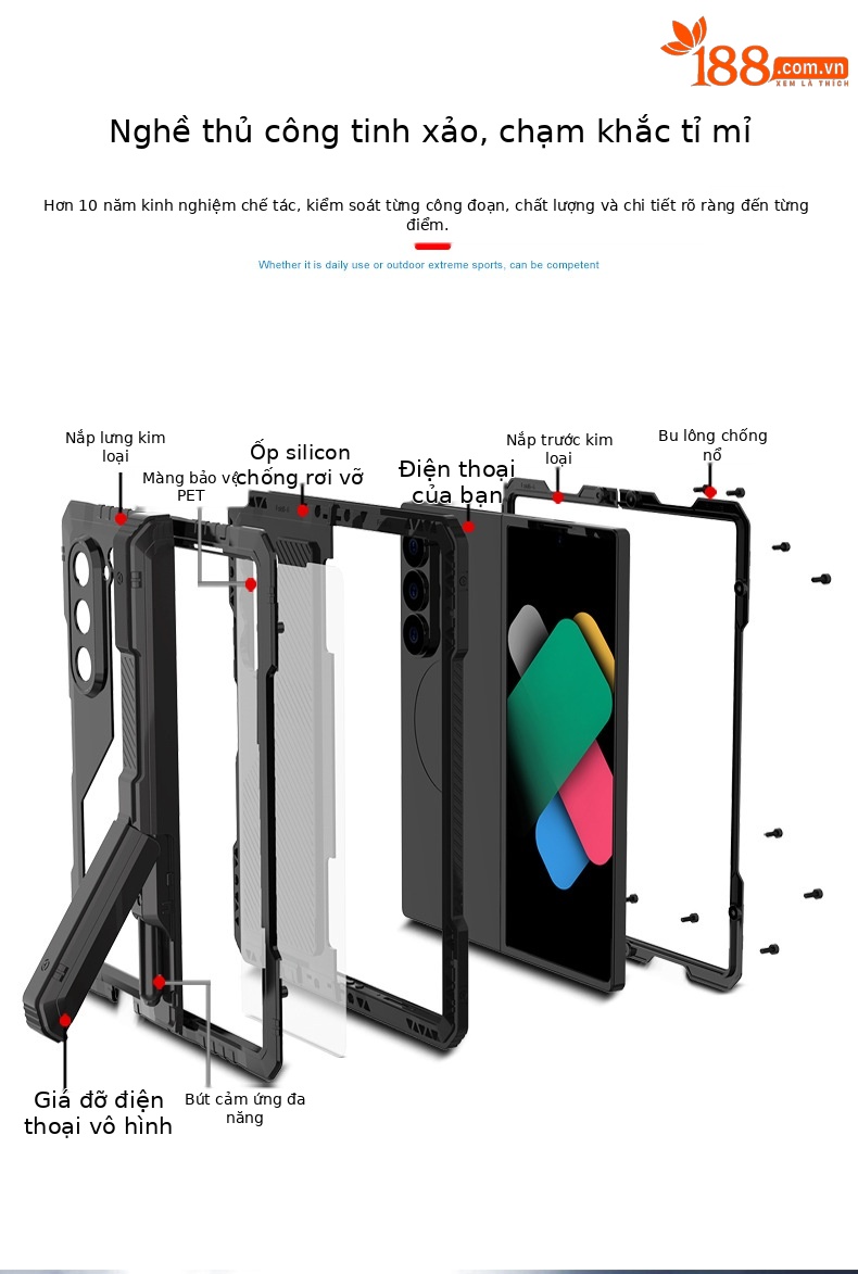 Ốp lưng Samsung Z Fold6/Fold7 kim loại chống sốc, chống nước, có chân đế, bảo vệ toàn diện — Đen, Đỏ rượu chi tiết 5