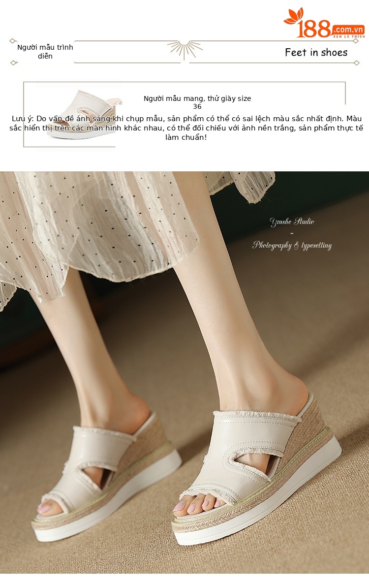 Dép sandal nữ quai ngang đế cao bện rơm mũi hở gót 9 cm — màu be, màu hồng nhạt chi tiết 3