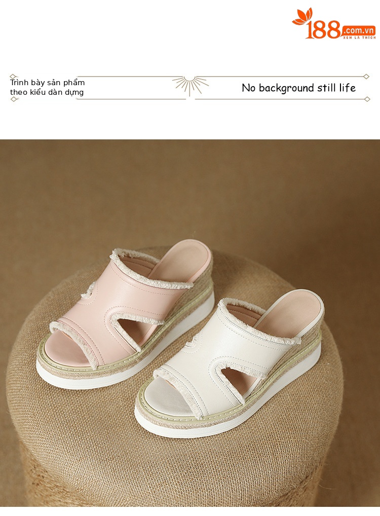 Dép sandal nữ quai ngang đế cao bện rơm mũi hở gót 9 cm — màu be, màu hồng nhạt chi tiết 9