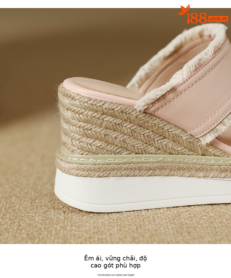 Dép sandal nữ quai ngang đế cao bện rơm mũi hở gót 9 cm — màu be, màu hồng nhạt chi tiết 14