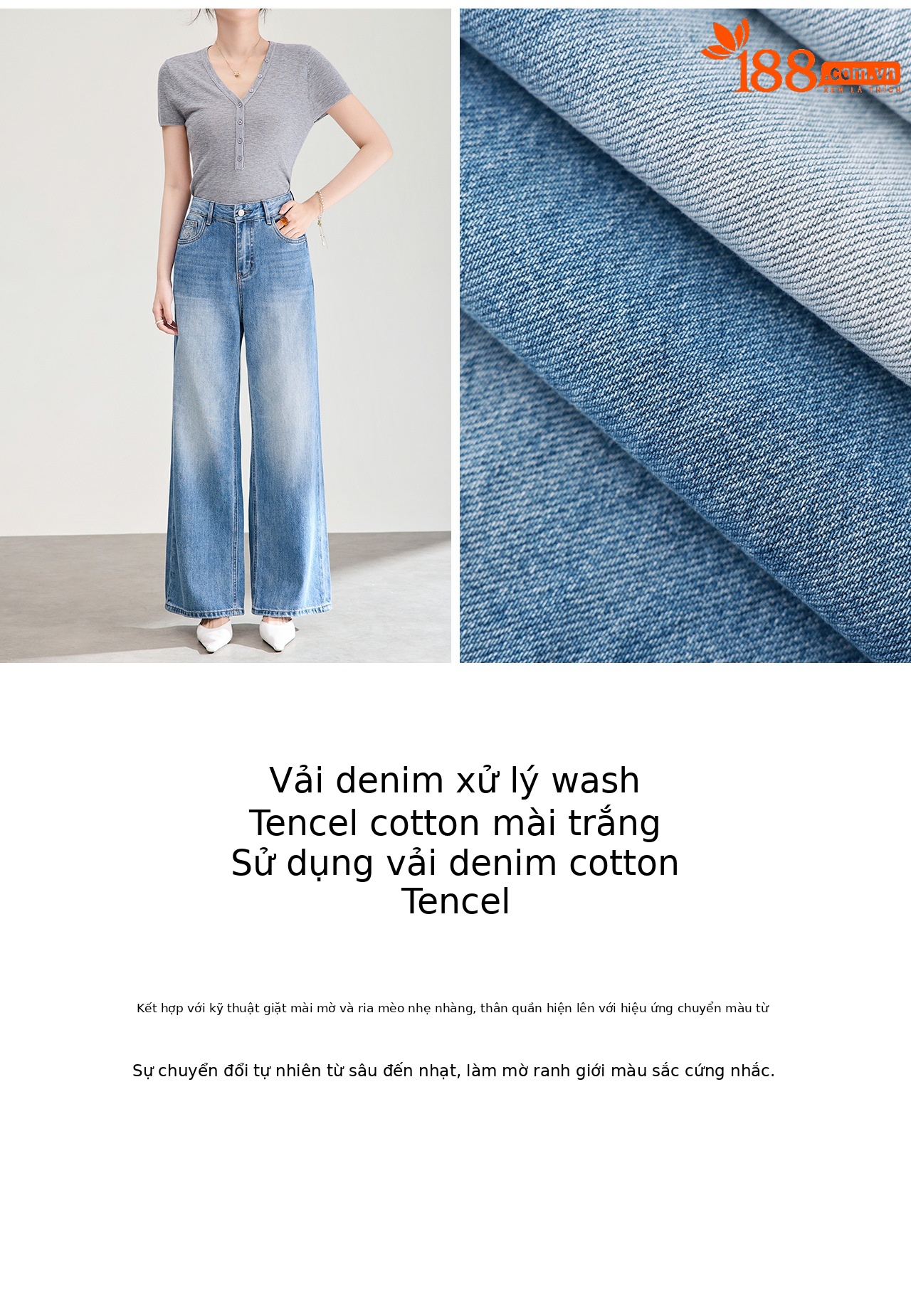Quần jean ống rộng vải Tencel cotton phong cách retro, dáng suông rũ nhẹ mùa hè — xanh lam chi tiết 10