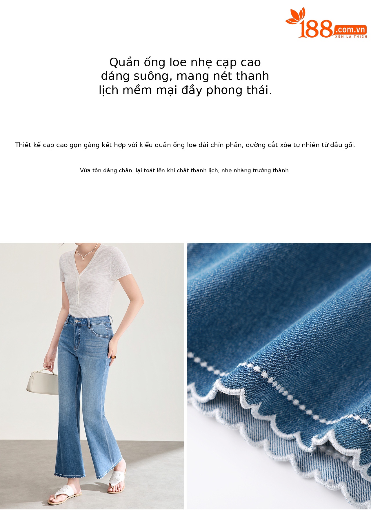 Quần jean nữ ống loe cạp cao co giãn bốn chiều vải cotton siêu mẫu — xanh lam chi tiết 8