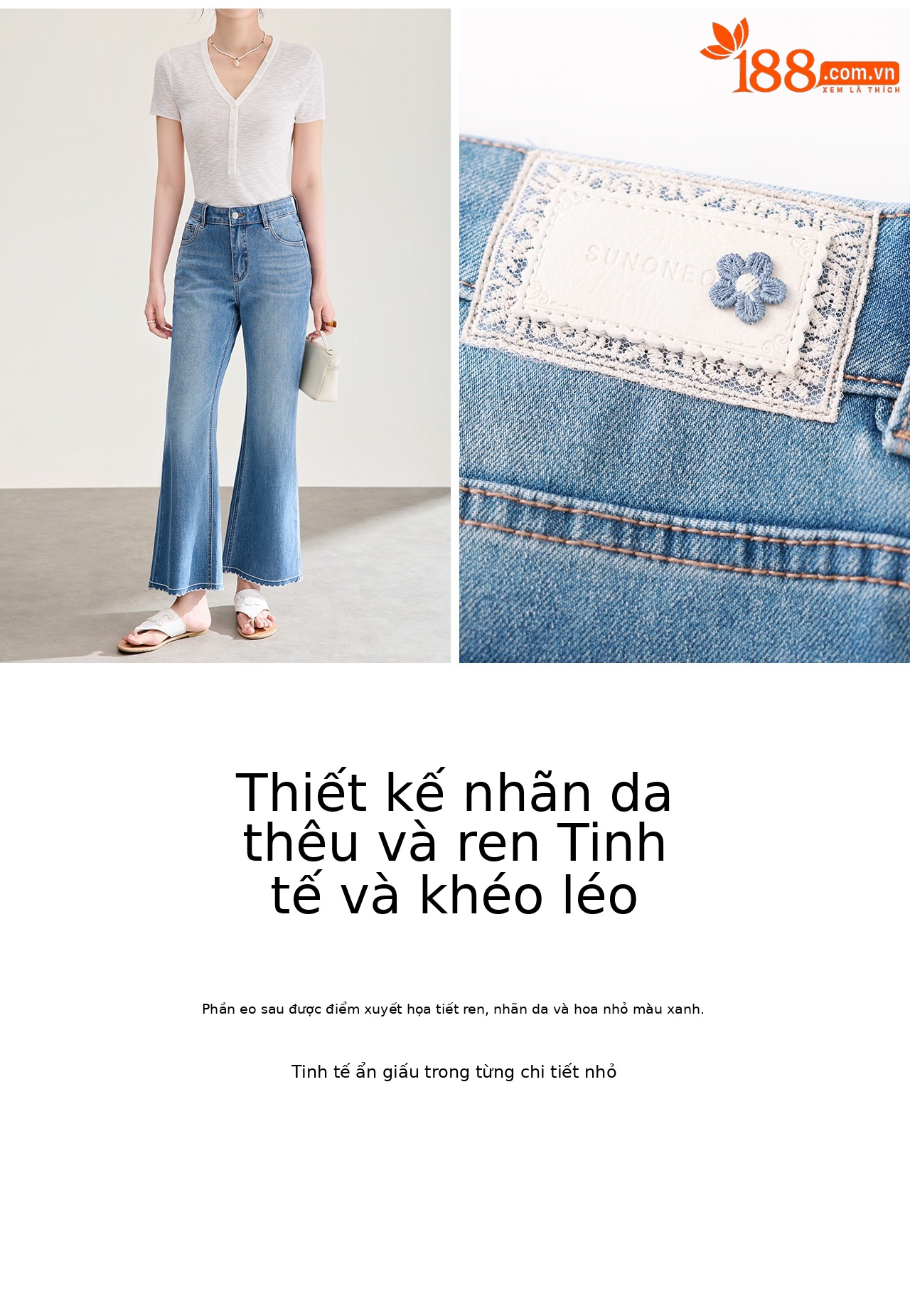 Quần jean nữ ống loe cạp cao co giãn bốn chiều vải cotton siêu mẫu — xanh lam chi tiết 10