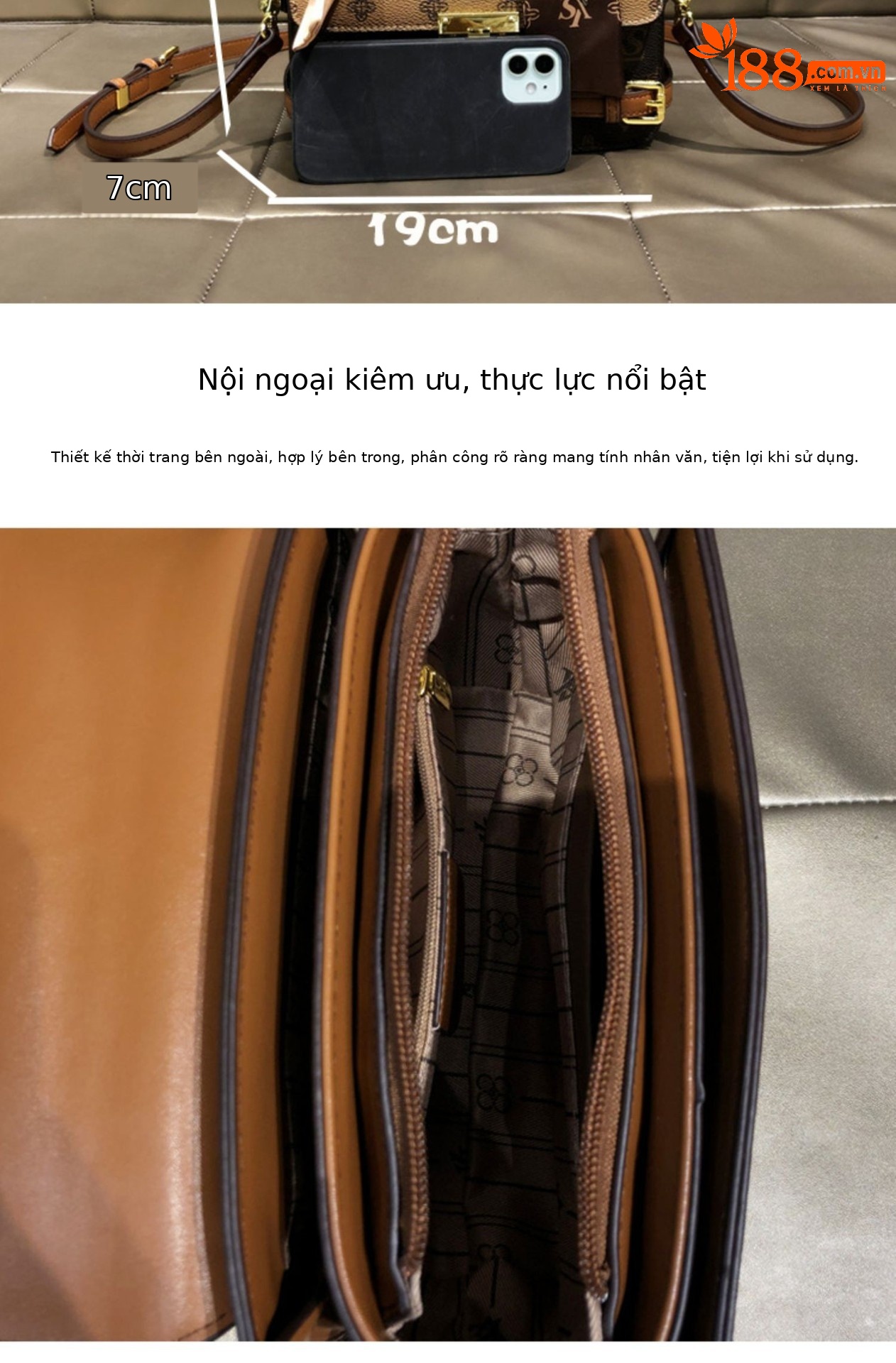 Túi đeo chéo nữ da thật dáng vuông nhỏ gọn — Cà phê cỡ nhỏ với màu nâu, chống hàng giả, Màu cà phê trumpet chi tiết 3