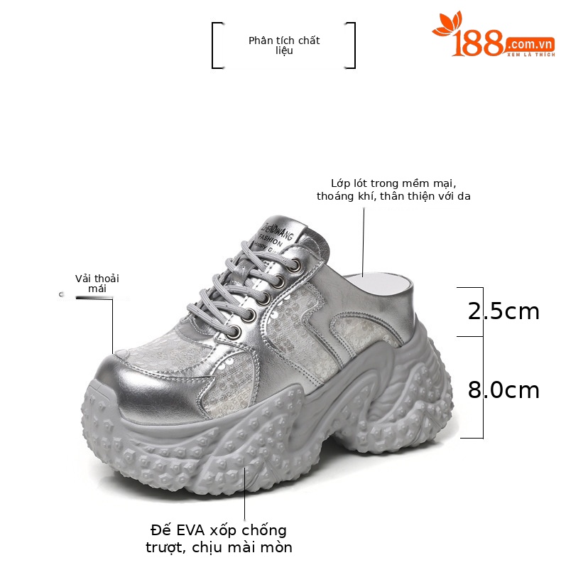 Dép lười nữ đế bánh xốp tăng chiều cao, mũi trùm kín, form rộng thoải mái — màu trắng, bạc chi tiết 3