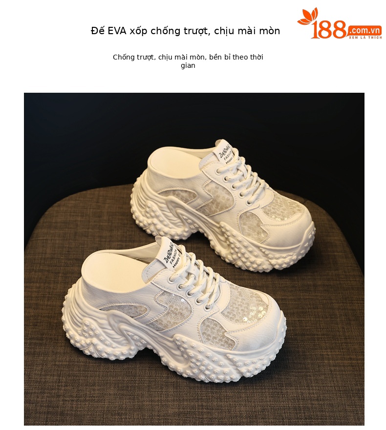 Dép lười nữ đế bánh xốp tăng chiều cao, mũi trùm kín, form rộng thoải mái — màu trắng, bạc chi tiết 10