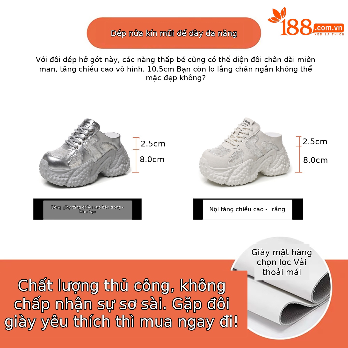 Dép lười nữ đế bánh xốp tăng chiều cao, mũi trùm kín, form rộng thoải mái — màu trắng, bạc