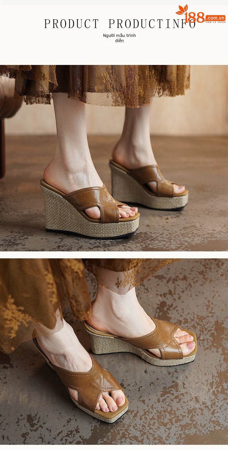 Sandal cao gót nữ hở mũi mũi vuông chất liệu da cừu, đế xuồng cao 11 cm — Nâu vàng, màu đen, màu trắng ngà chi tiết 2