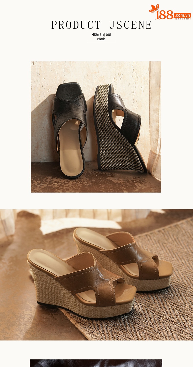 Sandal cao gót nữ hở mũi mũi vuông chất liệu da cừu, đế xuồng cao 11 cm — Nâu vàng, màu đen, màu trắng ngà chi tiết 5