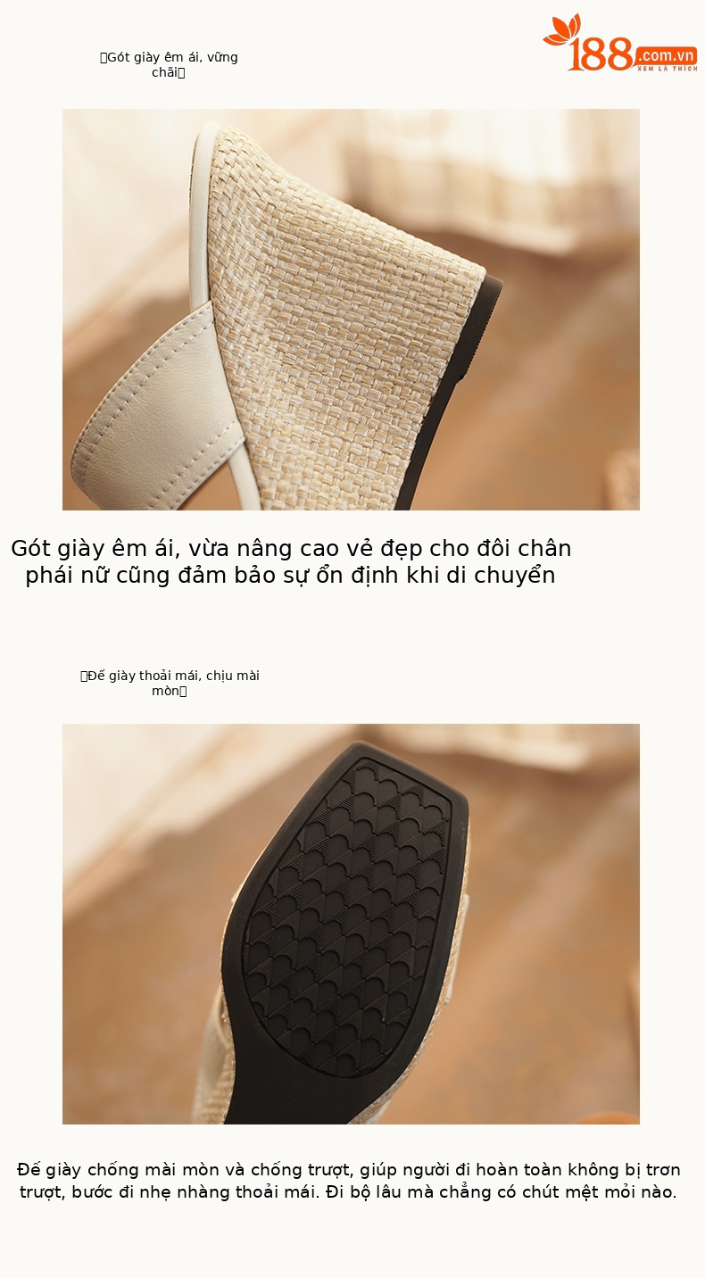 Sandal cao gót nữ hở mũi mũi vuông chất liệu da cừu, đế xuồng cao 11 cm — Nâu vàng, màu đen, màu trắng ngà chi tiết 8