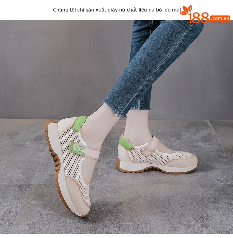 Giày Mary Jane nữ da bò thật quai ngang đục lỗ đế dày thoáng khí — màu be chi tiết 2
