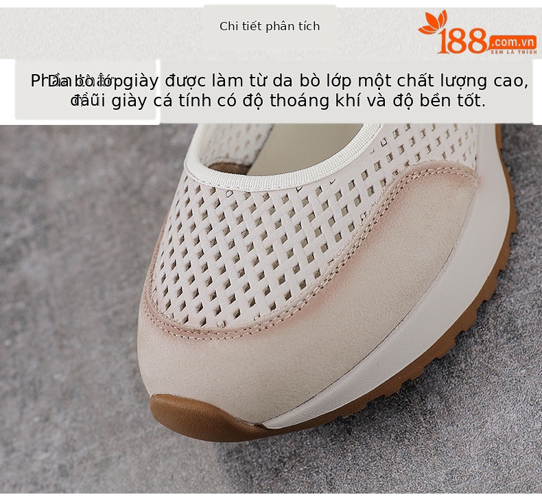 Giày Mary Jane nữ da bò thật quai ngang đục lỗ đế dày thoáng khí — màu be chi tiết 4
