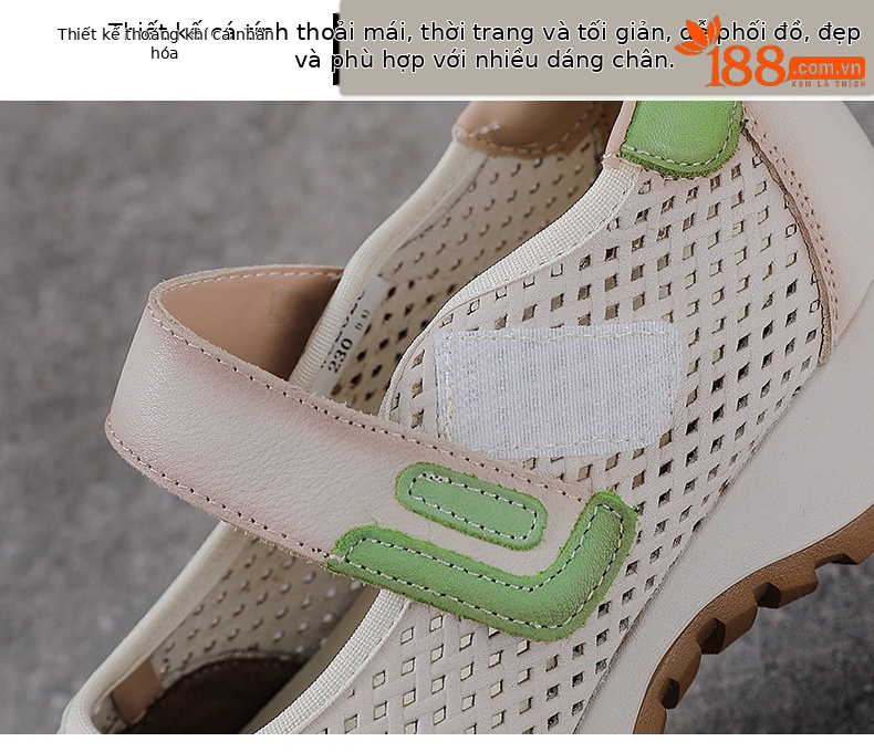 Giày Mary Jane nữ da bò thật quai ngang đục lỗ đế dày thoáng khí — màu be chi tiết 5