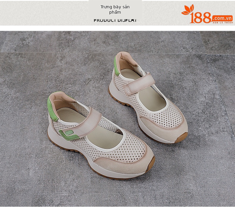 Giày Mary Jane nữ da bò thật quai ngang đục lỗ đế dày thoáng khí — màu be chi tiết 10