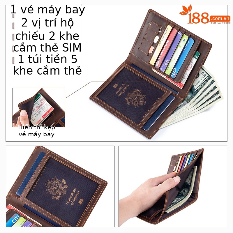 Ví da hộ chiếu nam phong cách cổ điển nhiều ngăn thẻ — Nâu cà phê