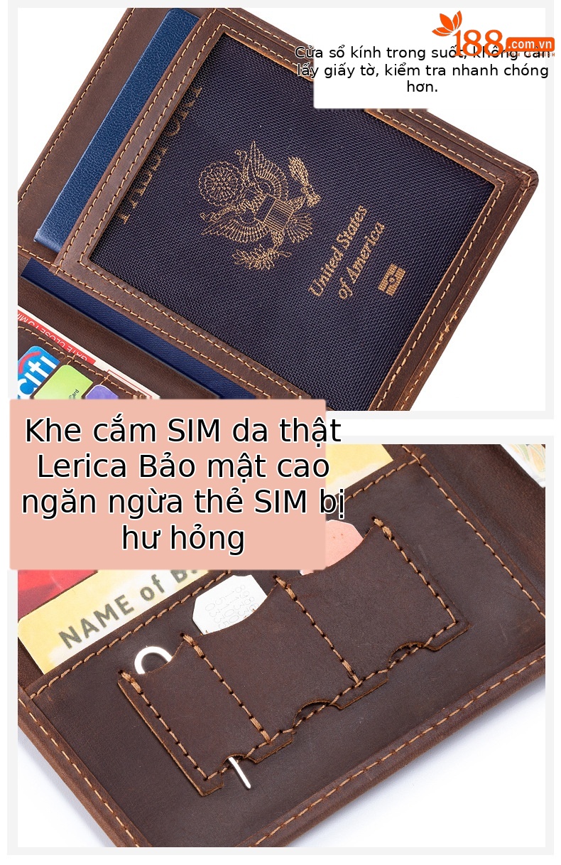 Ví da hộ chiếu nam phong cách cổ điển nhiều ngăn thẻ — Nâu cà phê chi tiết 8